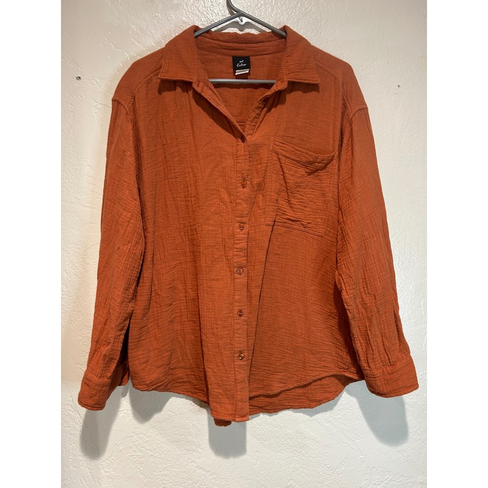 Echo Womens Medium Burnt Orange  Gauze Cotton Button Down Shirt Long Sleeve